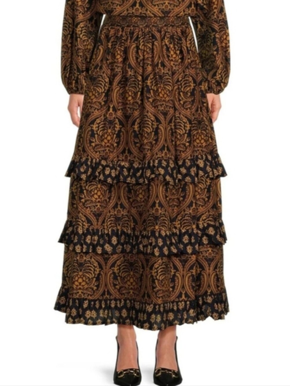 A Love A Damask Print Voile High Rise Tiered Ruffled Maxi Skirt